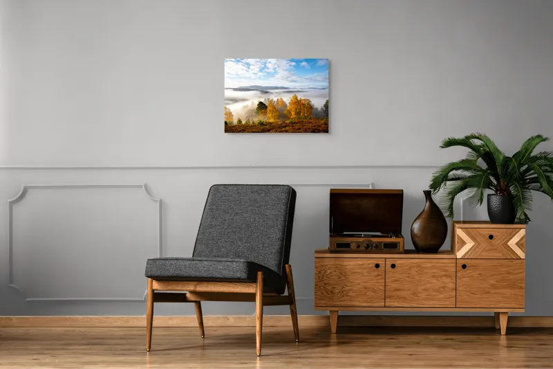 Tablou Canvas, "Toamna învăluind munții în ceață", Frumusețe, Natură, Culoare, Toamnă, Munte, Cer, Nor, Pădure, Peisaj, Lumină, 70 x 50 cm – poza 4
