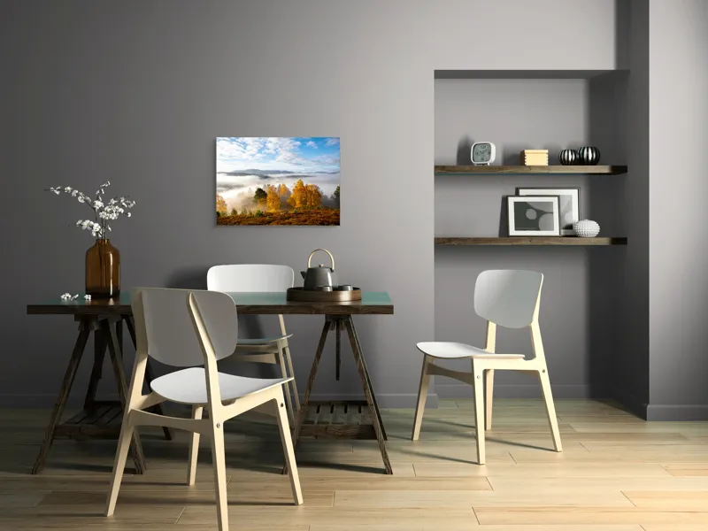 Tablou Canvas, "Toamna învăluind munții în ceață", Frumusețe, Natură, Culoare, Toamnă, Munte, Cer, Nor, Pădure, Peisaj, Lumină, 70 x 50 cm – poza 5