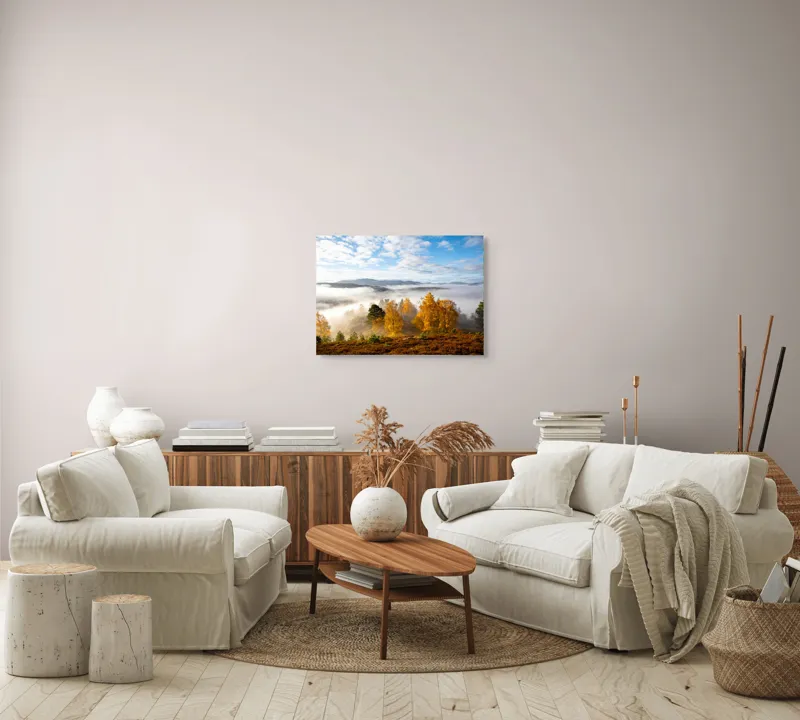 Tablou Canvas, "Toamna învăluind munții în ceață", Frumusețe, Natură, Culoare, Toamnă, Munte, Cer, Nor, Pădure, Peisaj, Lumină, 70 x 50 cm – poza 6