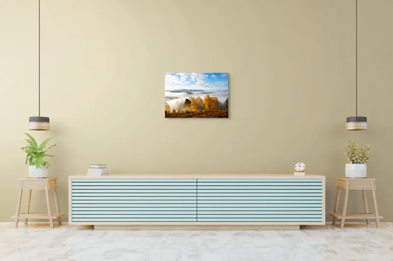 Tablou Canvas, "Toamna învăluind munții în ceață", Frumusețe, Natură, Culoare, Toamnă, Munte, Cer, Nor, Pădure, Peisaj, Lumină, 70 x 50 cm – poza 7