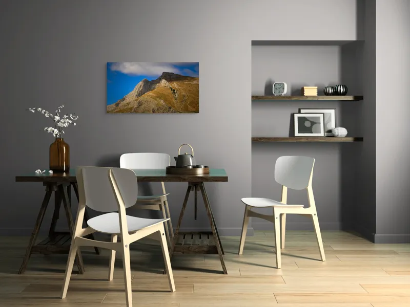 Tablou Canvas, "Muntele sub cerul albastru", Rocă, Munte, Cer, Nori, Umbre, Peisaj, Natură, Lumină, Vârfuri, Culoare., 90 x 50 cm – poza 3