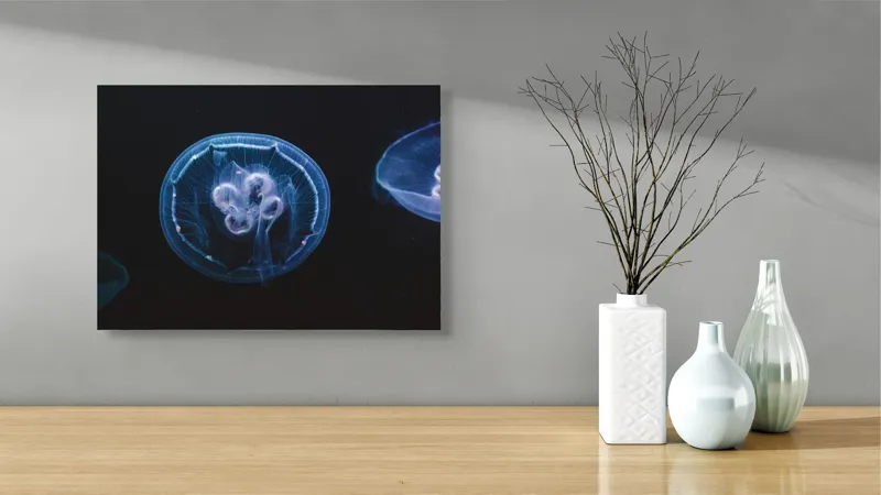 Tablou Canvas, "Meduză dansând în oceanul întunecat", Translucid, Eteric, Nocturn, Fascinant, Luminos, 54 x 39 cm – poza 3