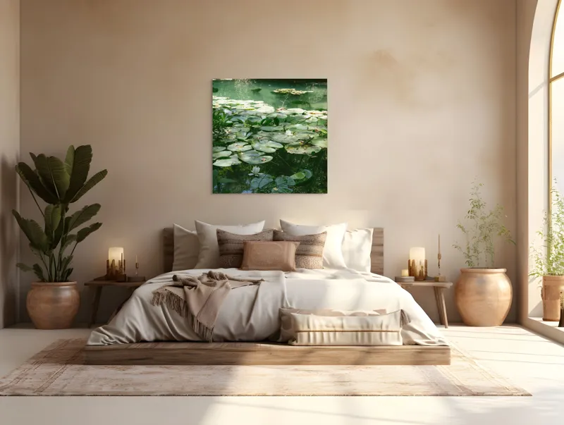 Tablou Canvas, "Nufăr plutitor în lumina dimineții", Liniște, Natură, Nufăr, Apă, Verdeață, Reflecție, Pace, Seninătate, Frunziș, Calm, 100 x 100 cm – poza 4