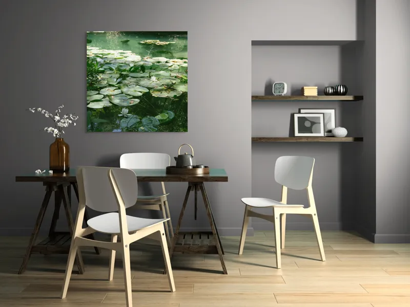 Tablou Canvas, "Nufăr plutitor în lumina dimineții", Liniște, Natură, Nufăr, Apă, Verdeață, Reflecție, Pace, Seninătate, Frunziș, Calm, 100 x 100 cm – poza 6