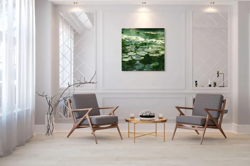 Tablou Canvas, "Nufăr plutitor în lumina dimineții", Liniște, Natură, Nufăr, Apă, Verdeață, Reflecție, Pace, Seninătate, Frunziș, Calm, 100 x 100 cm – poza 7