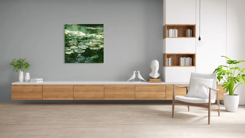 Tablou Canvas, "Nufăr plutitor în lumina dimineții", Liniște, Natură, Nufăr, Apă, Verdeață, Reflecție, Pace, Seninătate, Frunziș, Calm, 100 x 100 cm – poza 8