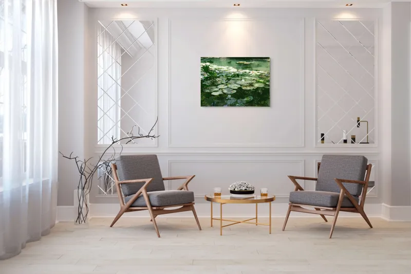 Tablou Canvas, "Nufăr plutitor în lumina dimineții", Liniște, Natură, Nufăr, Apă, Verdeață, Reflecție, Pace, Seninătate, Frunziș, Calm, 100 x 70 cm – poza 5