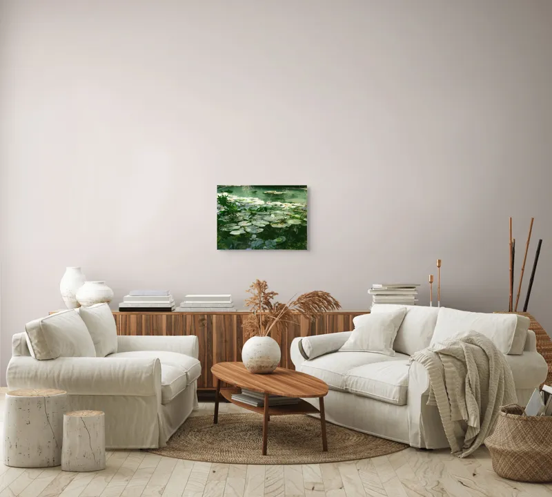 Tablou Canvas, "Nufăr plutitor în lumina dimineții", Liniște, Natură, Nufăr, Apă, Verdeață, Reflecție, Pace, Seninătate, Frunziș, Calm, 54 x 39 cm – poza 5
