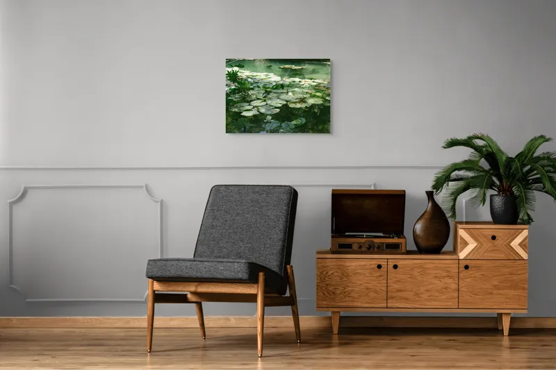 Tablou Canvas, "Nufăr plutitor în lumina dimineții", Liniște, Natură, Nufăr, Apă, Verdeață, Reflecție, Pace, Seninătate, Frunziș, Calm, 70 x 50 cm – poza 4