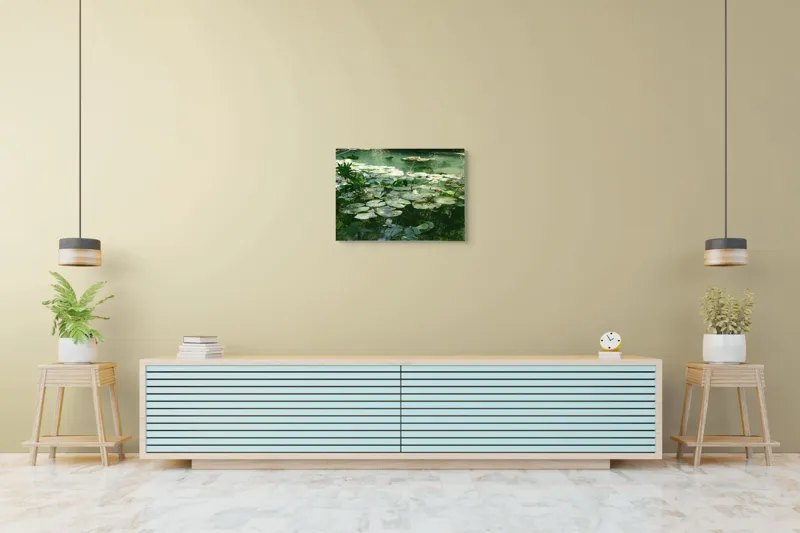 Tablou Canvas, "Nufăr plutitor în lumina dimineții", Liniște, Natură, Nufăr, Apă, Verdeață, Reflecție, Pace, Seninătate, Frunziș, Calm, 70 x 50 cm – poza 7
