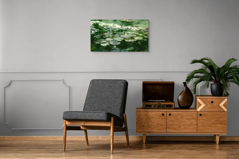 Tablou Canvas, "Nufăr plutitor în lumina dimineții", Liniște, Natură, Nufăr, Apă, Verdeață, Reflecție, Pace, Seninătate, Frunziș, Calm, 90 x 50 cm – poza 6