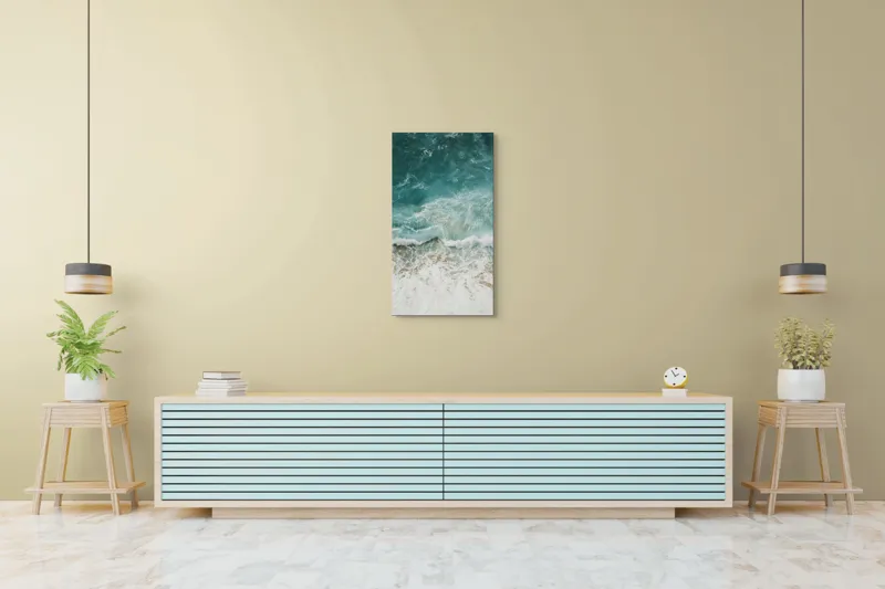 Tablou Canvas, "Valuri spumoase pe țărm azuriu", Valuri, Mare, Spumă, Nisip, Apă, Albastru, Natură, Mișcare, 50 x 90 cm – poza 6