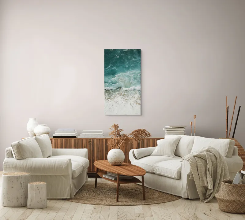 Tablou Canvas, "Valuri spumoase pe țărm azuriu", Valuri, Mare, Spumă, Nisip, Apă, Albastru, Natură, Mișcare, 50 x 90 cm – poza 7