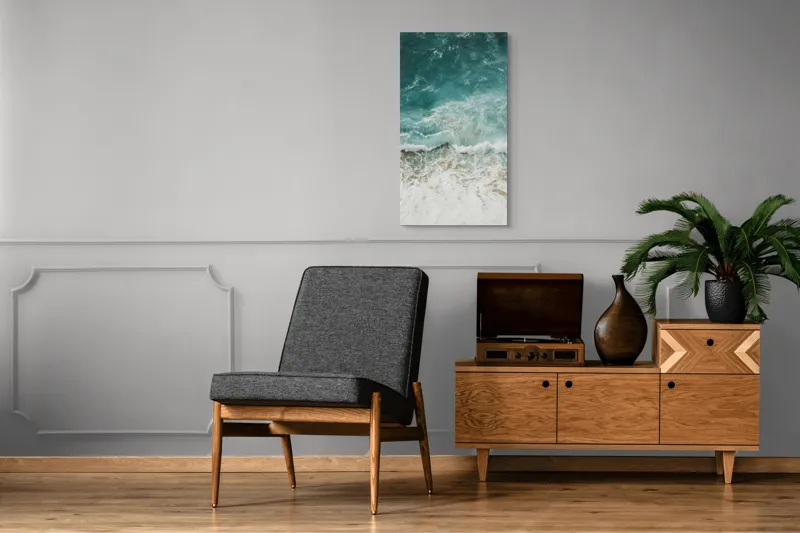 Tablou Canvas, "Valuri spumoase pe țărm azuriu", Valuri, Mare, Spumă, Nisip, Apă, Albastru, Natură, Mișcare, 50 x 90 cm – poza 8