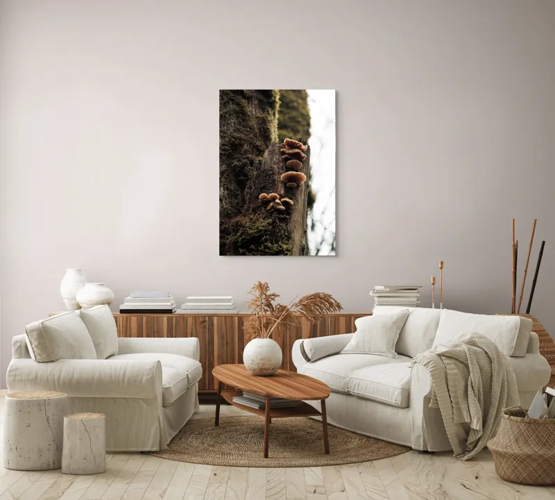 Tablou Canvas, "Ciuperci crescând pe trunchiul copacului", Ciuperci, Trunchi, Mușchi, Natură, Pădure, Textură, Organic, Lemn, Creștere, Sălbatic., 70 x 100 cm – poza 4