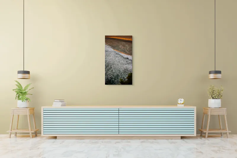 Tablou Canvas, "Valurile mării la apus aurit", Valuri, Apus, Spumă, Ocean, Lumină, Aurie, Natură, Frunziș, 50 x 90 cm – poza 6