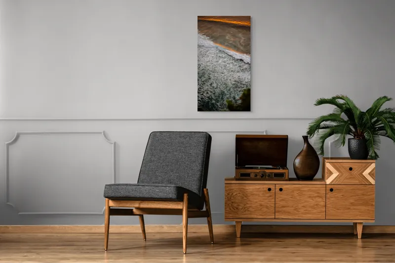 Tablou Canvas, "Valurile mării la apus aurit", Valuri, Apus, Spumă, Ocean, Lumină, Aurie, Natură, Frunziș, 50 x 90 cm – poza 8