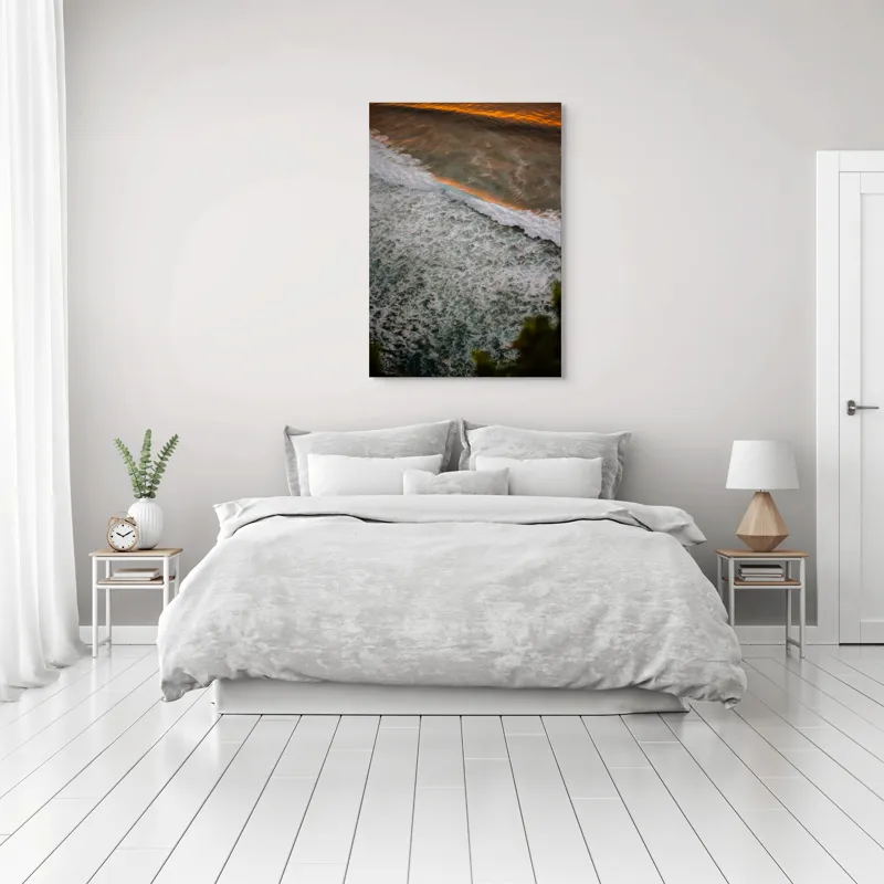 Tablou Canvas, "Valurile mării la apus aurit", Valuri, Apus, Spumă, Ocean, Lumină, Aurie, Natură, Frunziș, 70 x 100 cm – poza 3
