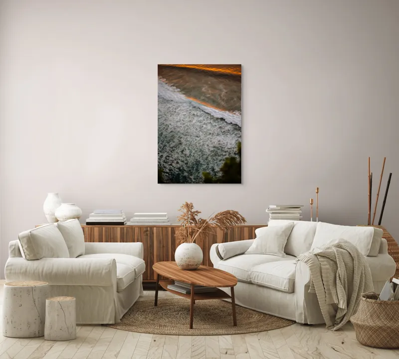Tablou Canvas, "Valurile mării la apus aurit", Valuri, Apus, Spumă, Ocean, Lumină, Aurie, Natură, Frunziș, 70 x 100 cm – poza 4