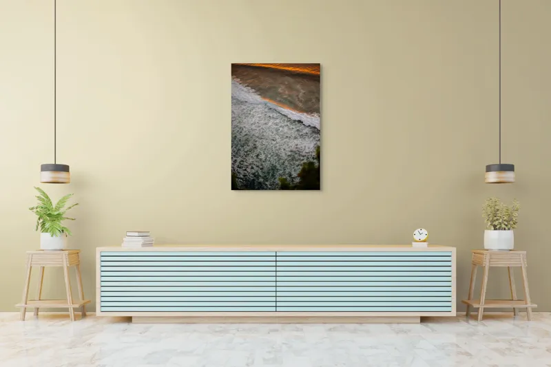 Tablou Canvas, "Valurile mării la apus aurit", Valuri, Apus, Spumă, Ocean, Lumină, Aurie, Natură, Frunziș, 70 x 100 cm – poza 5