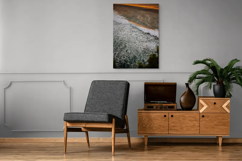 Tablou Canvas, "Valurile mării la apus aurit", Valuri, Apus, Spumă, Ocean, Lumină, Aurie, Natură, Frunziș, 70 x 100 cm – poza 6