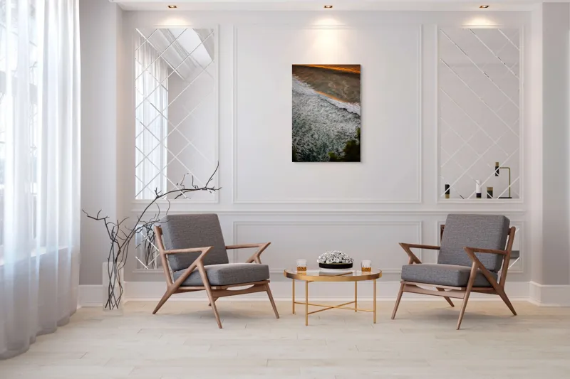 Tablou Canvas, "Valurile mării la apus aurit", Valuri, Apus, Spumă, Ocean, Lumină, Aurie, Natură, Frunziș, 70 x 100 cm – poza 8