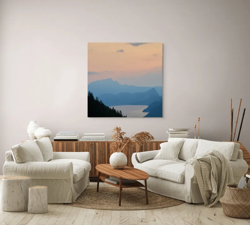 Tablou Canvas, "Apus pe lacul de munte liniștit", Nor, Apus, Siluetă, Lac, Munți, Pădure, Cer, Peisaj, Liniște, Natură, 100 x 100 cm – poza 3