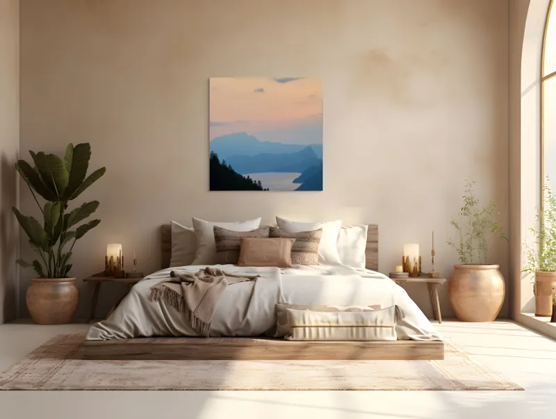 Tablou Canvas, "Apus pe lacul de munte liniștit", Nor, Apus, Siluetă, Lac, Munți, Pădure, Cer, Peisaj, Liniște, Natură, 100 x 100 cm – poza 4