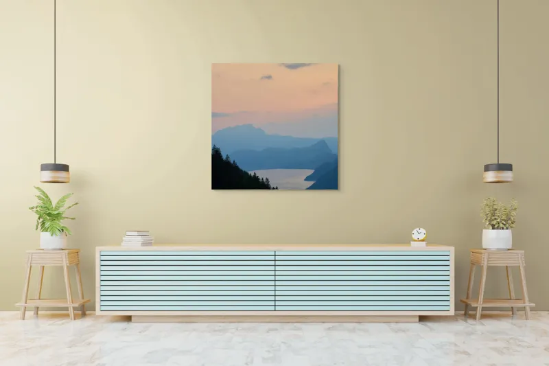 Tablou Canvas, "Apus pe lacul de munte liniștit", Nor, Apus, Siluetă, Lac, Munți, Pădure, Cer, Peisaj, Liniște, Natură, 100 x 100 cm – poza 5