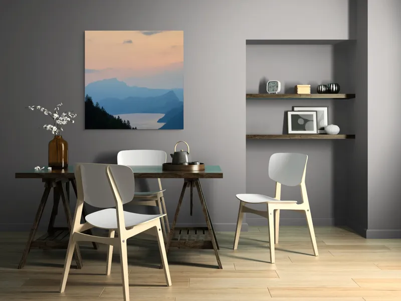 Tablou Canvas, "Apus pe lacul de munte liniștit", Nor, Apus, Siluetă, Lac, Munți, Pădure, Cer, Peisaj, Liniște, Natură, 100 x 100 cm – poza 6