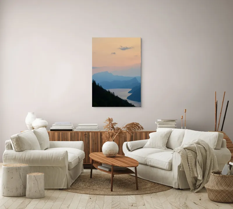 Tablou Canvas, "Apus pe lacul de munte liniștit", Nor, Apus, Siluetă, Lac, Munți, Pădure, Cer, Peisaj, Liniște, Natură, 70 x 100 cm – poza 4
