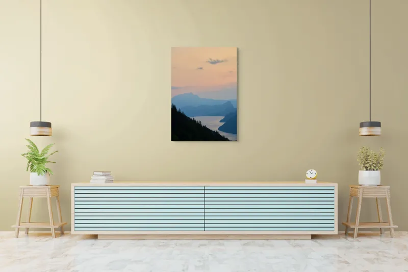 Tablou Canvas, "Apus pe lacul de munte liniștit", Nor, Apus, Siluetă, Lac, Munți, Pădure, Cer, Peisaj, Liniște, Natură, 70 x 100 cm – poza 5