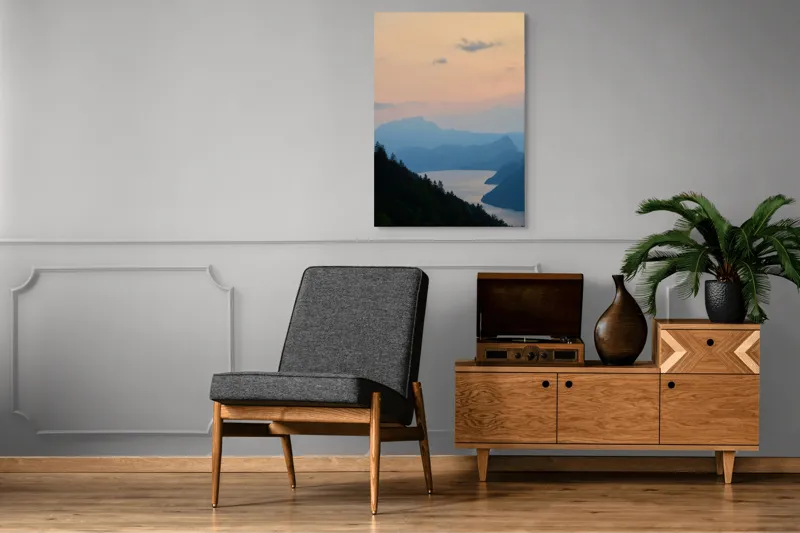 Tablou Canvas, "Apus pe lacul de munte liniștit", Nor, Apus, Siluetă, Lac, Munți, Pădure, Cer, Peisaj, Liniște, Natură, 70 x 100 cm – poza 6