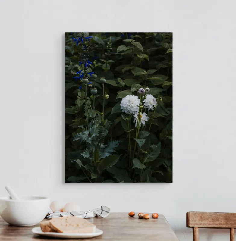 Tablou Canvas, "Flori albe în grădină întunecată", Flori, Verdeață, Mister, Natură, Amurg, Contrast, Delicatețe, Grădină, Liniște, Umbră, 50 x 70 cm – poza 3