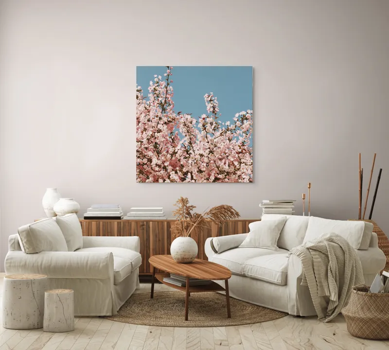Tablou Canvas, "Cireș înflorit sub cer senin", Flori, Cireș, Primăvară, Roz, Cer, Albastru, Natură, Delicatețe, Frumusețe, Ramuri, 100 x 100 cm – poza 3