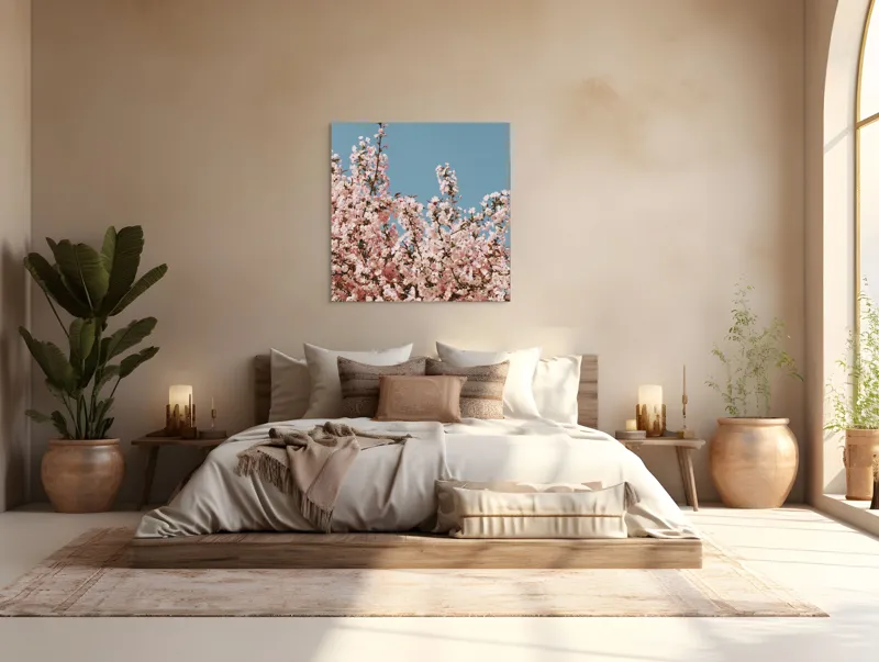 Tablou Canvas, "Cireș înflorit sub cer senin", Flori, Cireș, Primăvară, Roz, Cer, Albastru, Natură, Delicatețe, Frumusețe, Ramuri, 100 x 100 cm – poza 4