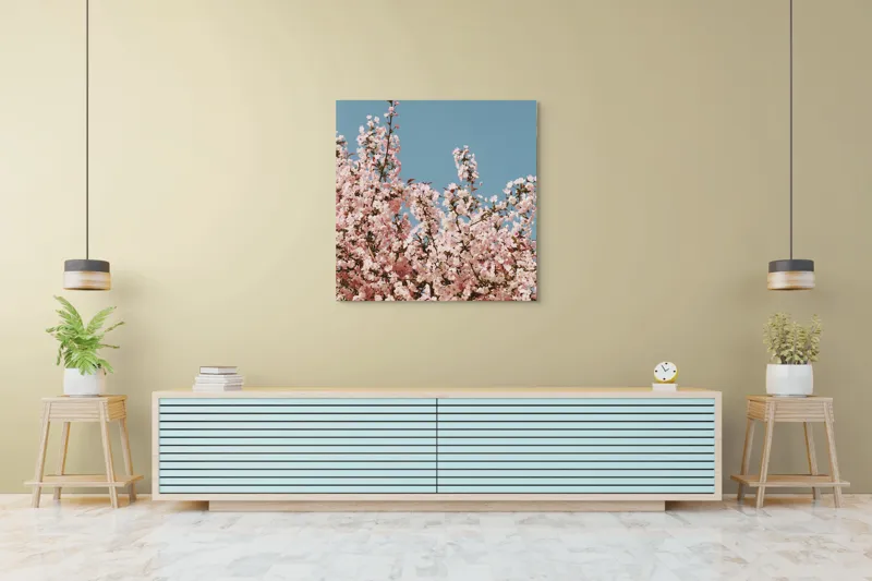 Tablou Canvas, "Cireș înflorit sub cer senin", Flori, Cireș, Primăvară, Roz, Cer, Albastru, Natură, Delicatețe, Frumusețe, Ramuri, 100 x 100 cm – poza 5