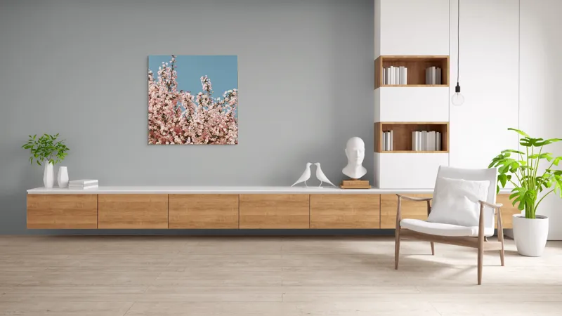 Tablou Canvas, "Cireș înflorit sub cer senin", Flori, Cireș, Primăvară, Roz, Cer, Albastru, Natură, Delicatețe, Frumusețe, Ramuri, 100 x 100 cm – poza 8
