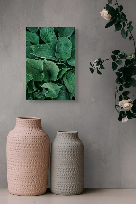 Tablou Canvas, "Frunzele dimineții cu picături de rouă", Verde, Frunze, Picături, Prospețime, Natură, Textură, Vitalitate, Puritate, 26 x 39 cm – poza 6