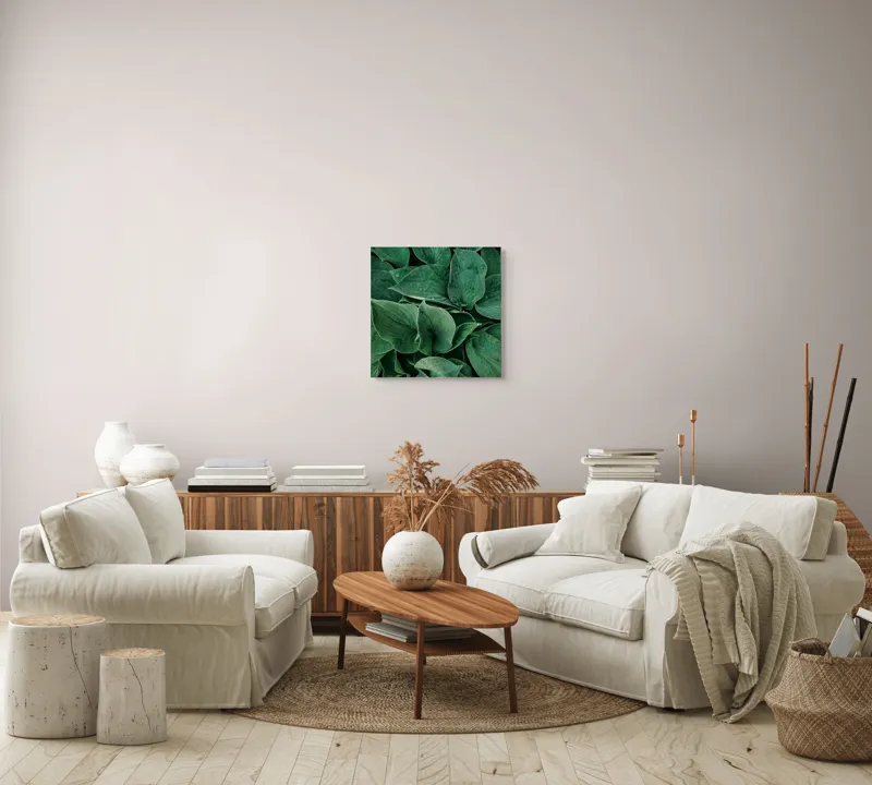 Tablou Canvas, "Frunzele dimineții cu picături de rouă", Verde, Frunze, Picături, Prospețime, Natură, Textură, Vitalitate, Puritate, 50 x 50 cm – poza 7