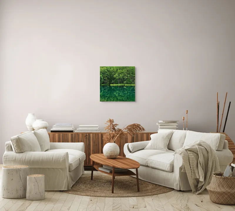 Tablou Canvas, "Verde nesfârșit oglindit în apă", Verde, Reflecții, Liniște, Natură, Pădure, Apă, Seninătate, Peisaj, 50 x 50 cm – poza 7