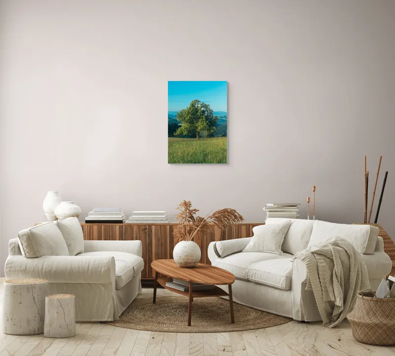 Tablou Canvas, "Copac singuratic în peisaj verde", Copac, Natură, Cer, Iarbă, Peisaj, Verde, Senin, Soare, Linie, Orizont, Frunze, Liniște, 50 x 70 cm – poza 4