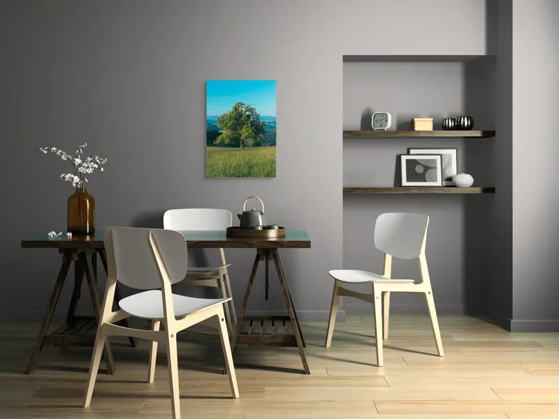 Tablou Canvas, "Copac singuratic în peisaj verde", Copac, Natură, Cer, Iarbă, Peisaj, Verde, Senin, Soare, Linie, Orizont, Frunze, Liniște, 50 x 70 cm – poza 5
