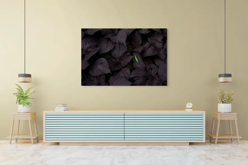 Tablou Canvas, "Frunză verde în ocean întunecat", Frunze, Închise, Rugozitate, Verde, Contrast, Picături, Umbre, Vegetație, Textură, Evidențiere, 150 x 100 cm – poza 6