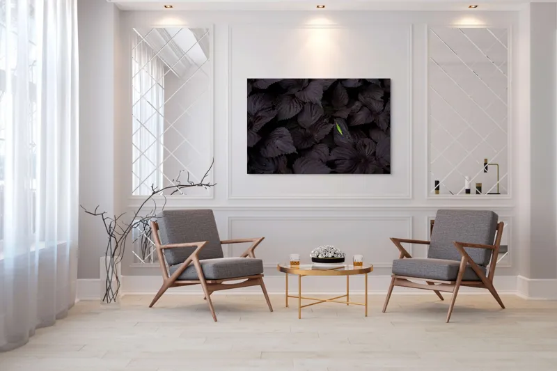 Tablou Canvas, "Frunză verde în ocean întunecat", Frunze, Închise, Rugozitate, Verde, Contrast, Picături, Umbre, Vegetație, Textură, Evidențiere, 150 x 100 cm – poza 7