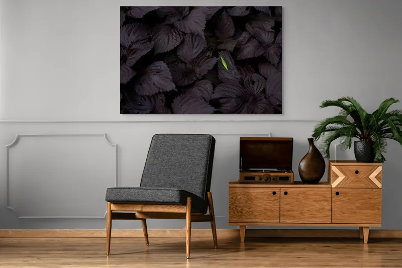Tablou Canvas, "Frunză verde în ocean întunecat", Frunze, Închise, Rugozitate, Verde, Contrast, Picături, Umbre, Vegetație, Textură, Evidențiere, 150 x 100 cm – poza 8