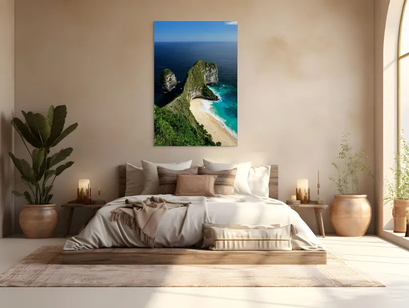 Tablou Canvas, "Cartea verde a oceanului albastru", Plajă, Stânci, Ocean, Valuri, Vegetație, Cer, Peisaj, Munte, Contur, Natură, 100 x 150 cm – poza 3