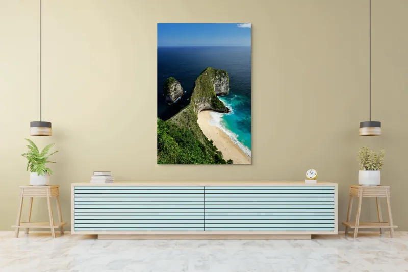 Tablou Canvas, "Cartea verde a oceanului albastru", Plajă, Stânci, Ocean, Valuri, Vegetație, Cer, Peisaj, Munte, Contur, Natură, 100 x 150 cm – poza 4