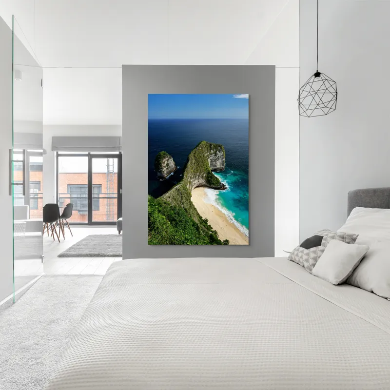 Tablou Canvas, "Cartea verde a oceanului albastru", Plajă, Stânci, Ocean, Valuri, Vegetație, Cer, Peisaj, Munte, Contur, Natură, 100 x 150 cm – poza 5