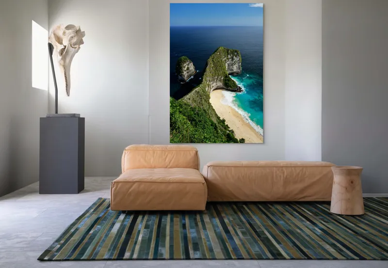 Tablou Canvas, "Cartea verde a oceanului albastru", Plajă, Stânci, Ocean, Valuri, Vegetație, Cer, Peisaj, Munte, Contur, Natură, 100 x 150 cm – poza 7